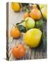 Assorted Citrus Fruit on Wooden Background-null-Stretched Canvas