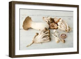 Assorted Edible Mushrooms on a Vintage White Table-Anyka-Framed Photographic Print