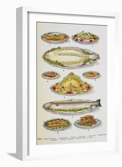 Assorted Fish Dishes Including Salmon, Trout, Cod and Scallops-Isabella Beeton-Framed Giclee Print