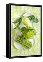 Assorted Green Vegetables on Porcelain Plate-Ulrike Koeb-Framed Stretched Canvas