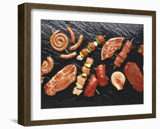 Assorted Meats and Sausages on Hot Stone Grill-Stefan Oberschelp-Framed Photographic Print