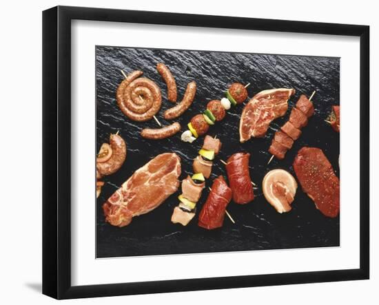 Assorted Meats and Sausages on Hot Stone Grill-Stefan Oberschelp-Framed Photographic Print