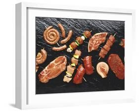 Assorted Meats and Sausages on Hot Stone Grill-Stefan Oberschelp-Framed Photographic Print