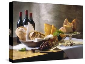 Assorted Types of Cheese with Bread, Red Wine-null-Stretched Canvas