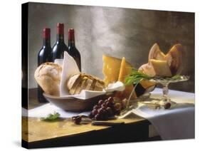Assorted Types of Cheese with Bread, Red Wine-null-Stretched Canvas