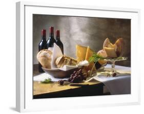 Assorted Types of Cheese with Bread, Red Wine-null-Framed Photographic Print