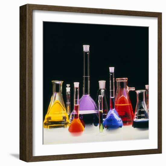 Assortment of Laboratory Flasks Holding Solutions-Tek Image-Framed Premium Photographic Print