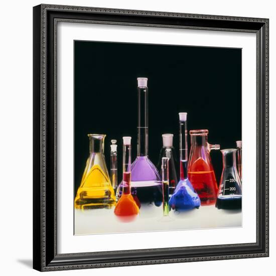 Assortment of Laboratory Flasks Holding Solutions-Tek Image-Framed Premium Photographic Print