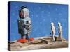 Astronaut Figurines Meeting Space Robot-null-Stretched Canvas