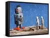 Astronaut Figurines Meeting Space Robot-null-Framed Stretched Canvas