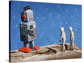 Astronaut Figurines Meeting Space Robot-null-Stretched Canvas