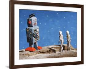 Astronaut Figurines Meeting Space Robot-null-Framed Photographic Print