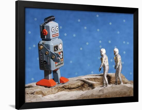 Astronaut Figurines Meeting Space Robot-null-Framed Photographic Print