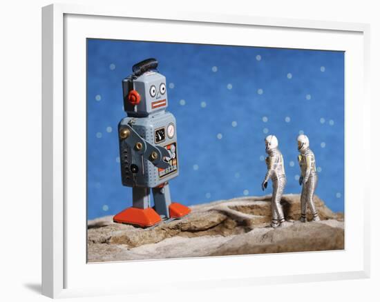 Astronaut Figurines Meeting Space Robot-null-Framed Photographic Print