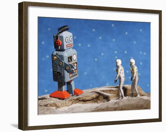 Astronaut Figurines Meeting Space Robot-null-Framed Photographic Print