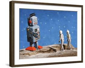 Astronaut Figurines Meeting Space Robot-null-Framed Photographic Print