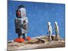 Astronaut Figurines Meeting Space Robot-null-Mounted Photographic Print