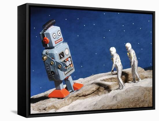 Astronaut Figurines Standing Beside Gray Toy Rocket-null-Framed Stretched Canvas