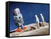 Astronaut Figurines Standing Beside Gray Toy Rocket-null-Framed Stretched Canvas