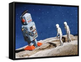 Astronaut Figurines Standing Beside Gray Toy Rocket-null-Framed Stretched Canvas