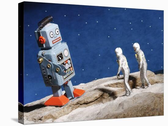 Astronaut Figurines Standing Beside Gray Toy Rocket-null-Stretched Canvas
