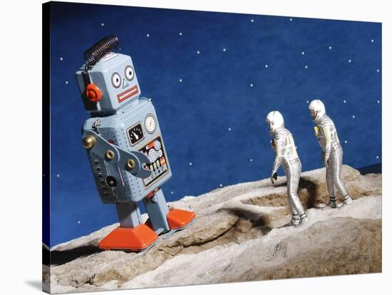 Astronaut Figurines Standing Beside Gray Toy Rocket-null-Stretched Canvas