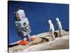 Astronaut Figurines Standing Beside Gray Toy Rocket-null-Stretched Canvas