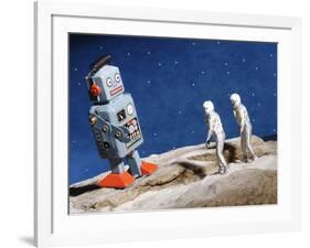 Astronaut Figurines Standing Beside Gray Toy Rocket-null-Framed Photographic Print