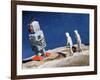 Astronaut Figurines Standing Beside Gray Toy Rocket-null-Framed Photographic Print