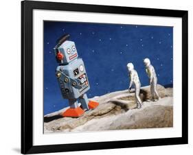 Astronaut Figurines Standing Beside Gray Toy Rocket-null-Framed Photographic Print