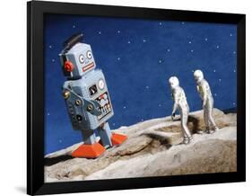 Astronaut Figurines Standing Beside Gray Toy Rocket-null-Framed Photographic Print