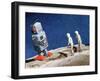 Astronaut Figurines Standing Beside Gray Toy Rocket-null-Framed Photographic Print