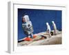 Astronaut Figurines Standing Beside Gray Toy Rocket-null-Framed Photographic Print