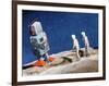 Astronaut Figurines Standing Beside Gray Toy Rocket-null-Framed Photographic Print