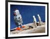 Astronaut Figurines Standing Beside Gray Toy Rocket-null-Framed Photographic Print