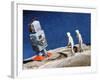 Astronaut Figurines Standing Beside Gray Toy Rocket-null-Framed Photographic Print