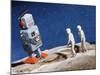 Astronaut Figurines Standing Beside Gray Toy Rocket-null-Mounted Photographic Print