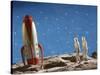 Astronaut Figurines Standing Beside Toy Rocket-null-Stretched Canvas