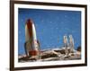 Astronaut Figurines Standing Beside Toy Rocket-null-Framed Photographic Print