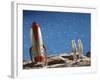 Astronaut Figurines Standing Beside Toy Rocket-null-Framed Photographic Print