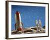 Astronaut Figurines Standing Beside Toy Rocket-null-Framed Photographic Print