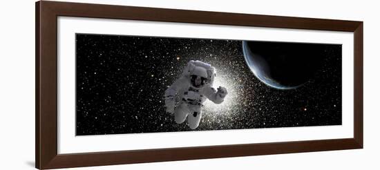 Astronaut Floating in Deep Space with an Earth-Like Planet in Background-Stocktrek Images-Framed Art Print