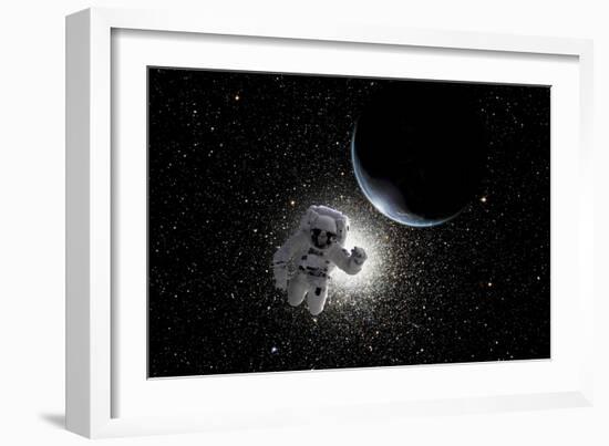 Astronaut Floating in Deep Space with an Earth-Like Planet in Background-Stocktrek Images-Framed Premium Giclee Print