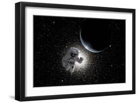 Astronaut Floating in Deep Space with an Earth-Like Planet in Background-Stocktrek Images-Framed Art Print