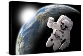 Astronaut Floating in Outer Space with Visible Sunrise from an Earth-Like Planet-Stocktrek Images-Stretched Canvas