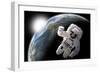 Astronaut Floating in Outer Space with Visible Sunrise from an Earth-Like Planet-Stocktrek Images-Framed Art Print