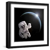 Astronaut Floating in Space as the Sun Rises on an Earth-Like Planet-Stocktrek Images-Framed Art Print