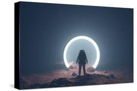 Astronaut on foreign planet in front of spacetime portal light-Michal Bednarek-Stretched Canvas