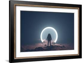 Astronaut on foreign planet in front of spacetime portal light-Michal Bednarek-Framed Art Print