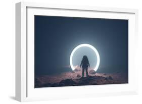Astronaut on foreign planet in front of spacetime portal light-Michal Bednarek-Framed Art Print